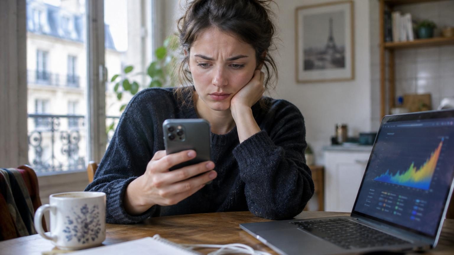 Smartphone affichant l'écran de paramètres WhatsApp avec les options de gestion des données et des téléchargements automatiques à configurer