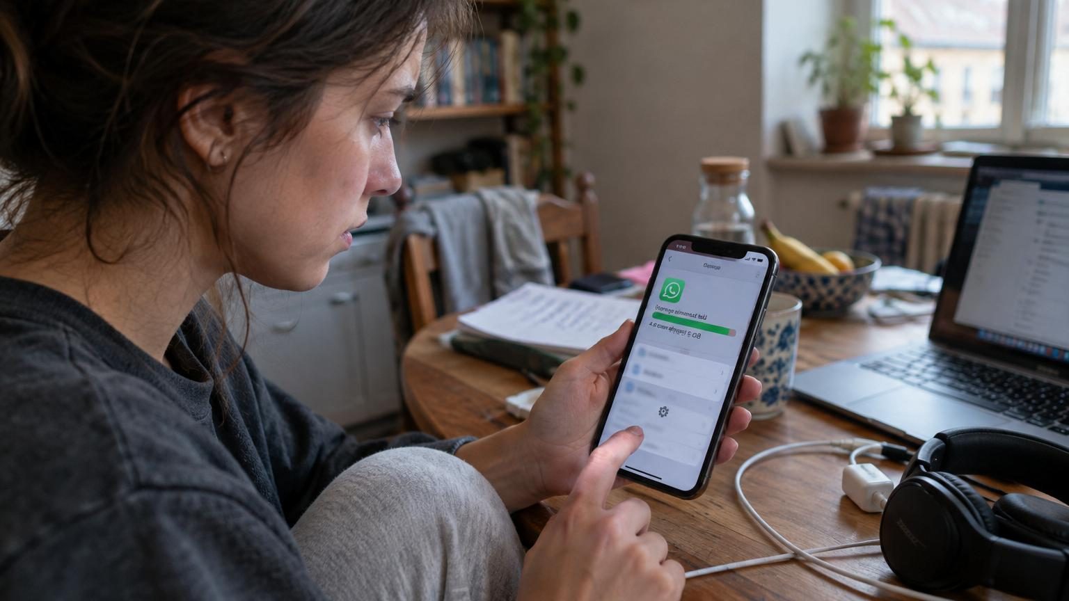 Smartphone affichant l'application WhatsApp avec des notifications de stockage saturé, symbolisant l'accumulation de photos, vidéos et messages dans la messagerie.