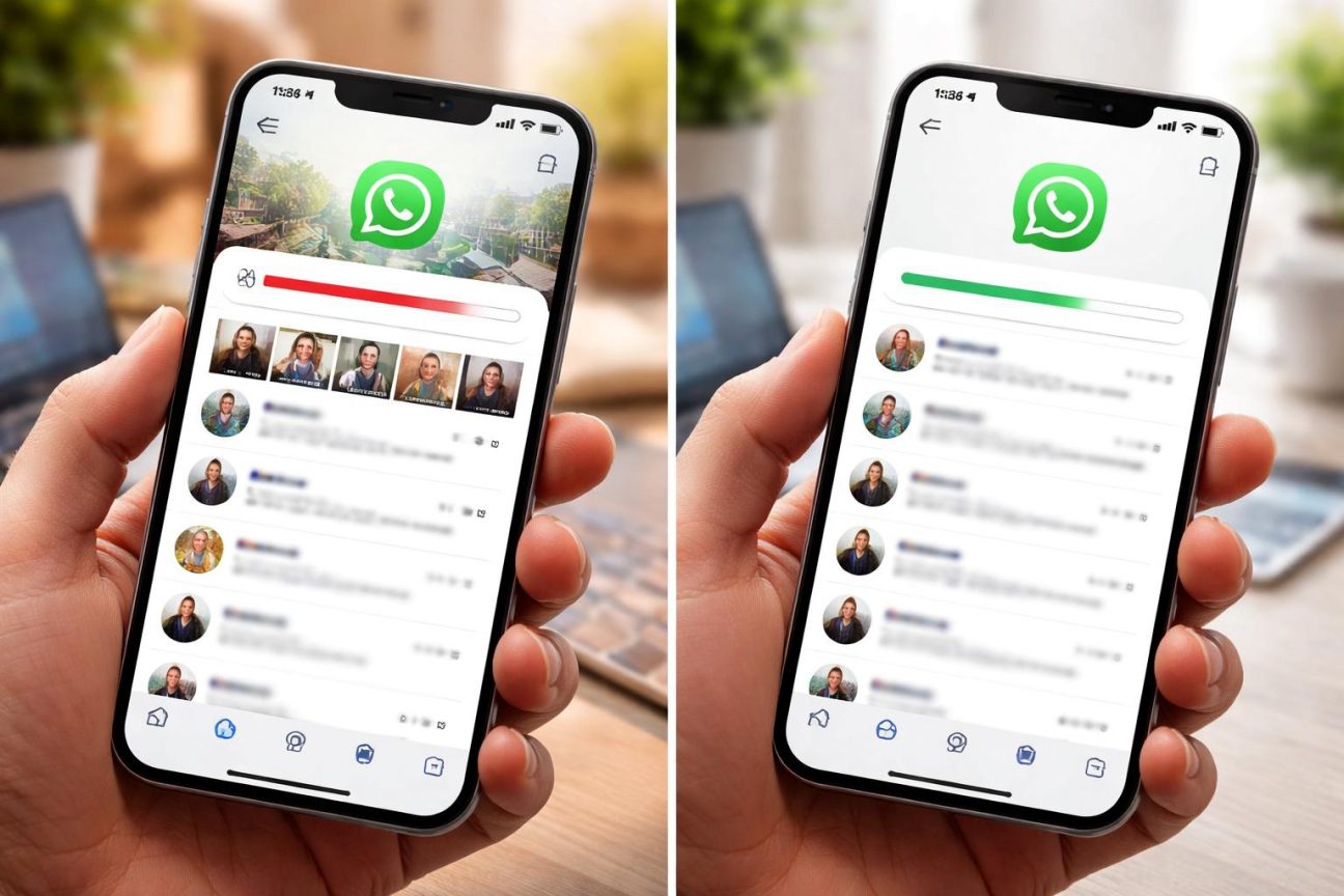 Interface de gestion du stockage WhatsApp affichant les discussions avec leur taille respective et les fichiers volumineux à supprimer