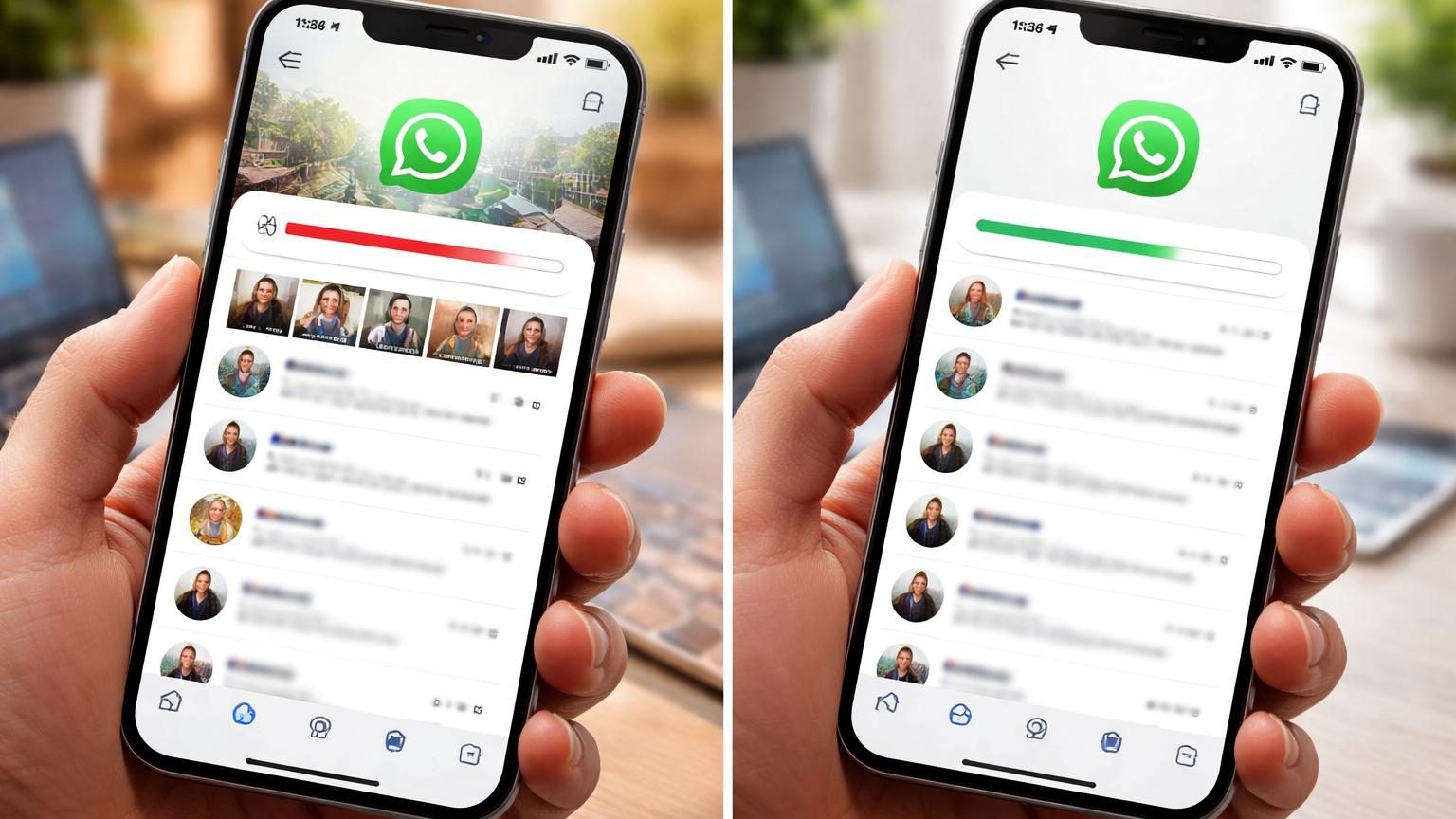 Interface de gestion du stockage WhatsApp affichant les discussions avec leur taille respective et les fichiers volumineux à supprimer