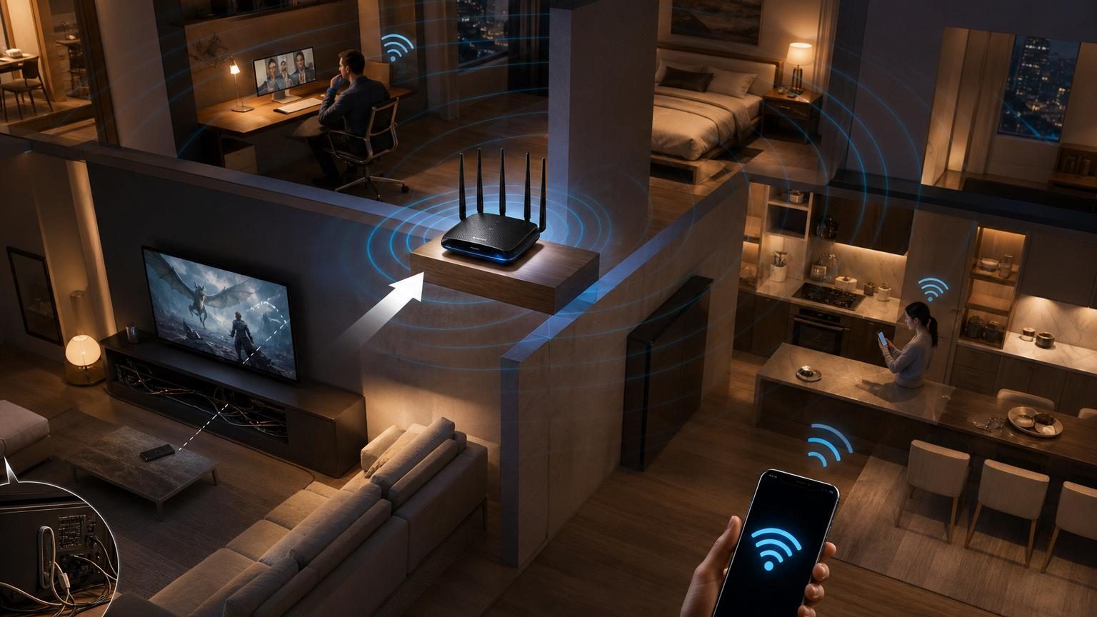 Box internet posée sur une étagère ouverte, bien dégagée des obstacles, avec des ondes radio symbolisées rayonnant vers différentes pièces d'un appartement.