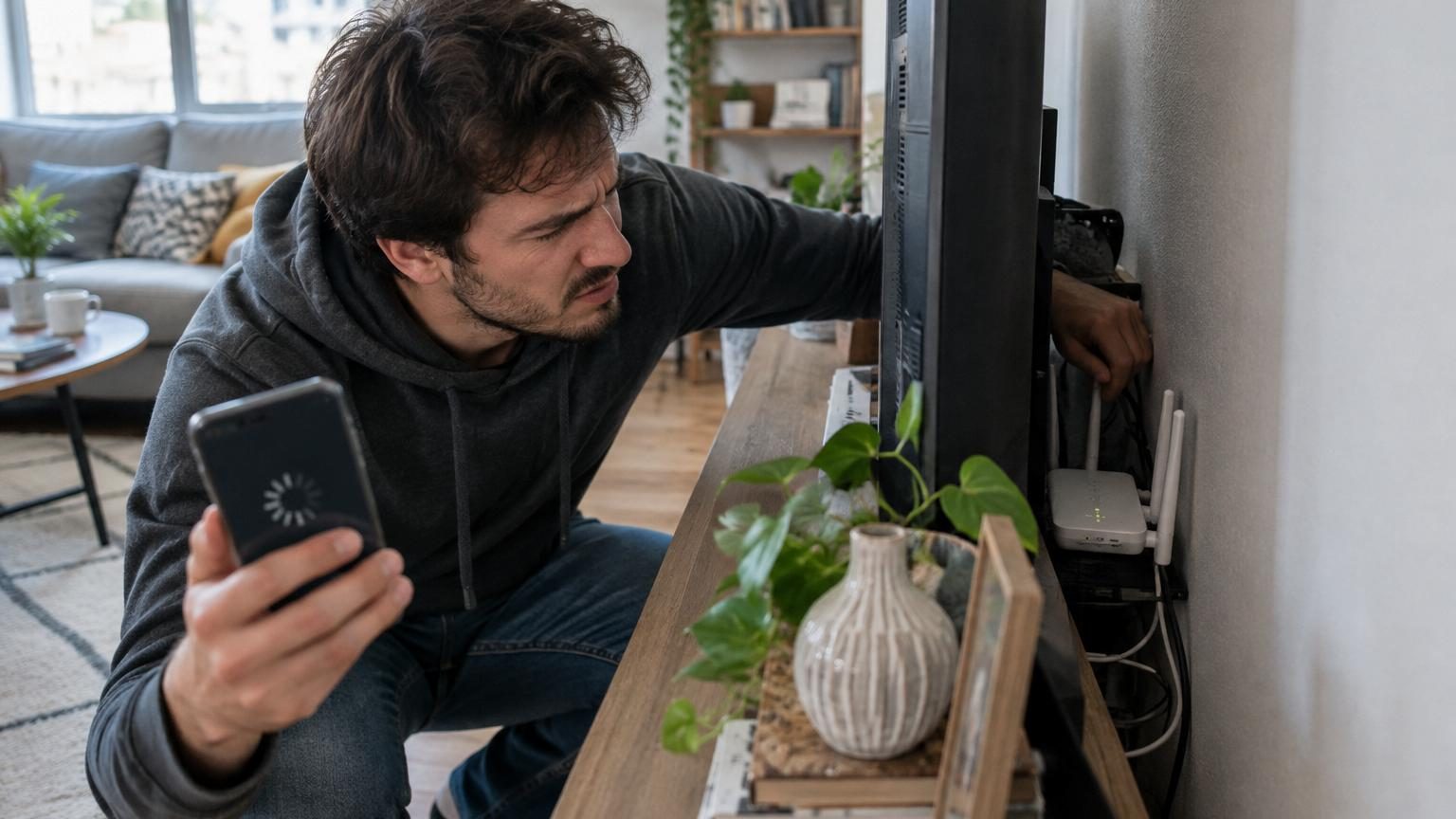 Vue d'une box Wi-Fi positionnée en hauteur sur une étagère dégagée au centre d'un salon, loin des obstacles et appareils électroniques.