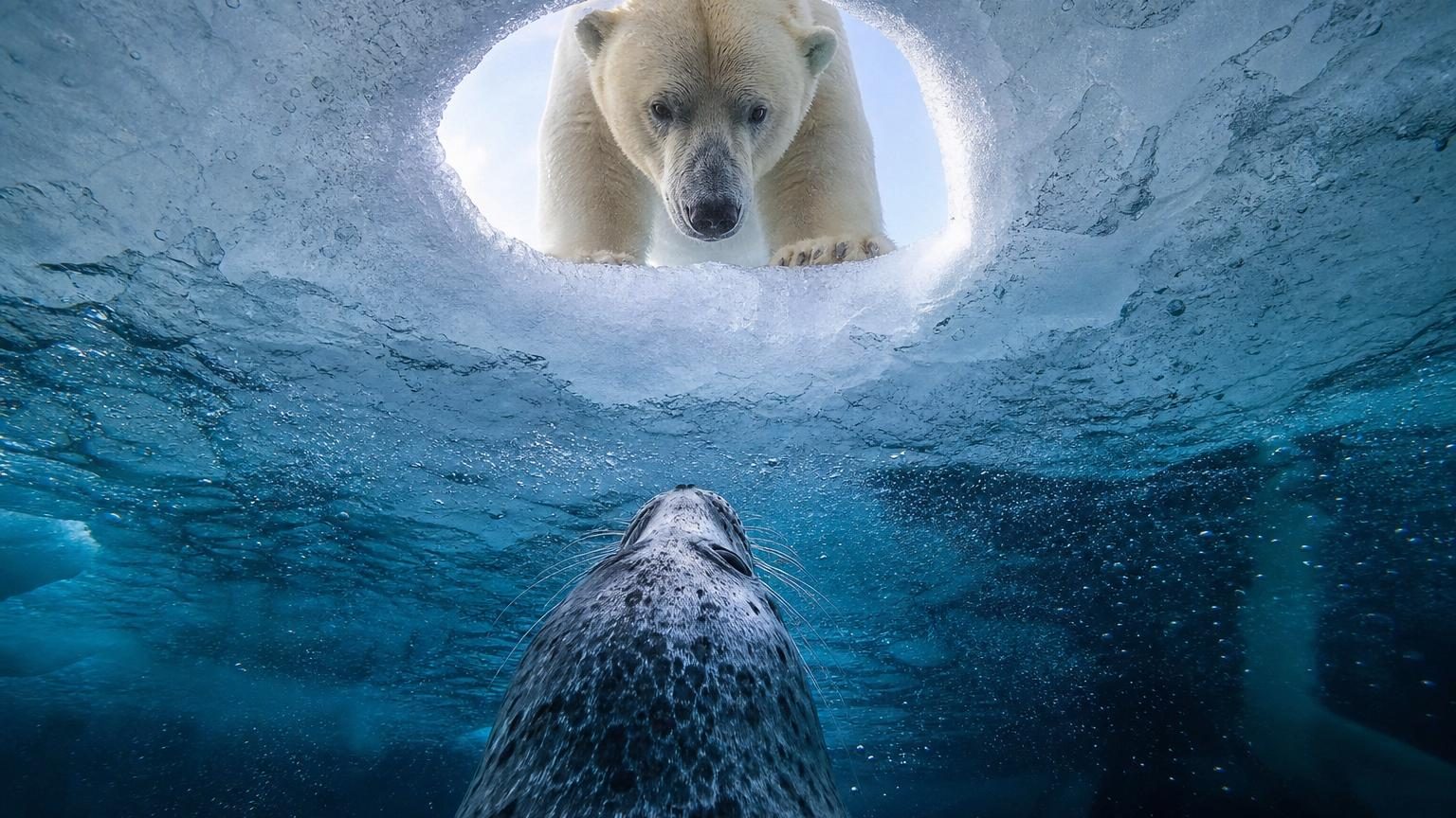 Un ours polaire observe un trou de respiration dans la glace arctique, photographié depuis le point de vue d'un phoque sous la banquise.
