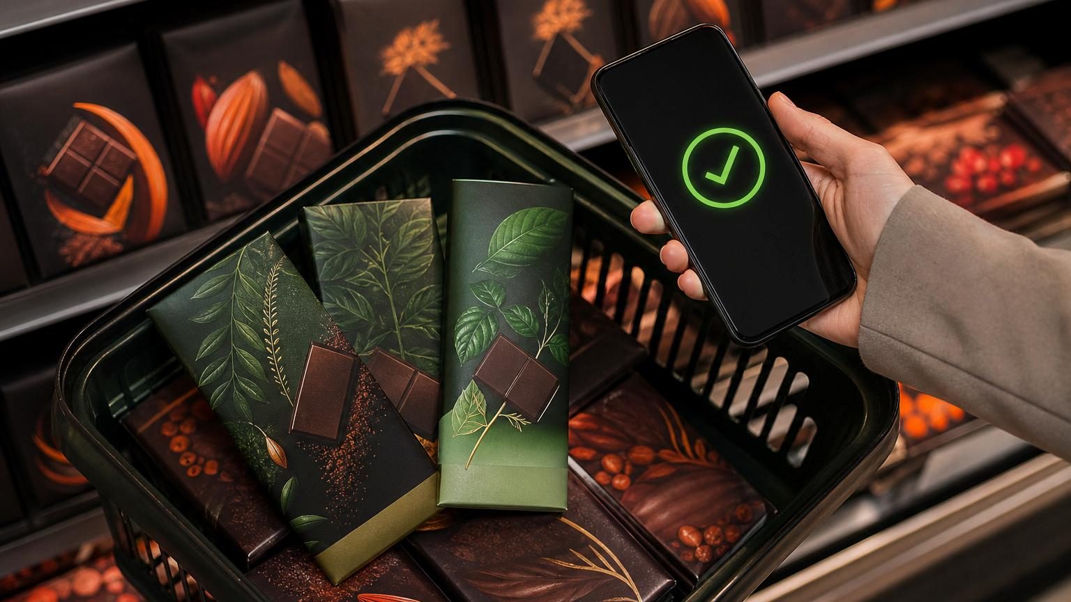 Rangée de tablettes de chocolat sombres sur une étagère de supermarché, certaines avec emballage sobre aux couleurs naturelles, d'autres aux designs plus attrayants et colorés.