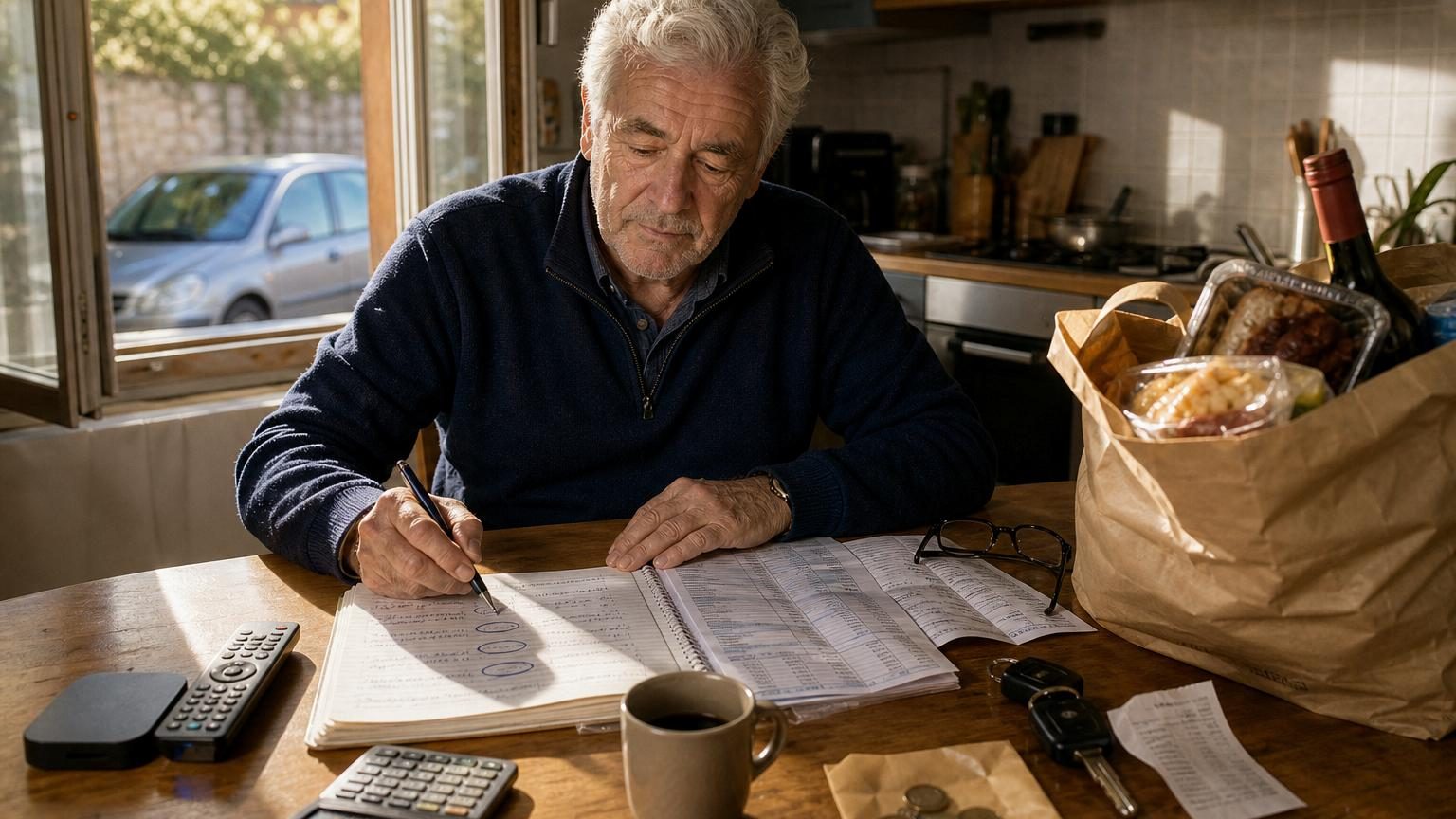 Plan rapproché d'une main tenant un stylo sur un relevé bancaire ouvert sur une table de cuisine, avec trois lignes entourées en rouge parmi les différents prélèvements mensuels.
