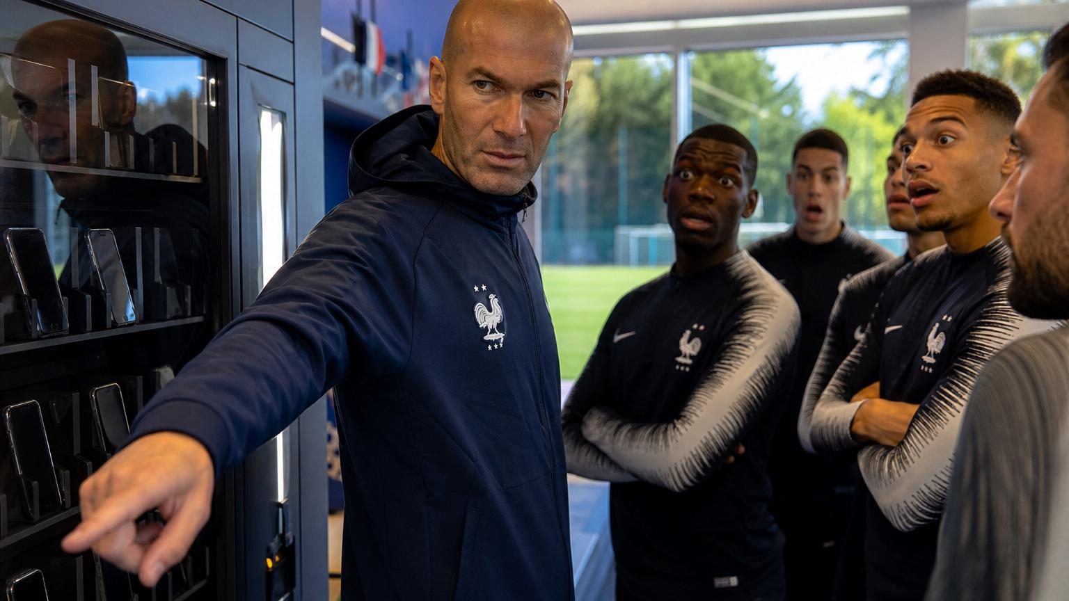 Zinédine Zidane, sélectionneur de l'équipe de France, présidant le premier stage à Clairefontaine avec un cadre rigoureux et discipliné.